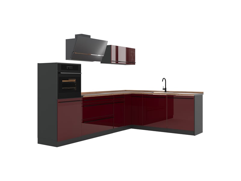  Vicco cuisine en angle, rouge brillantanthracite, 287 x cm plan de travail chêne doré  - Conforama A