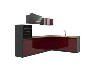 Vicco cuisine en angle, rouge brillantanthracite, 287 x cm plan de travail chêne doré
