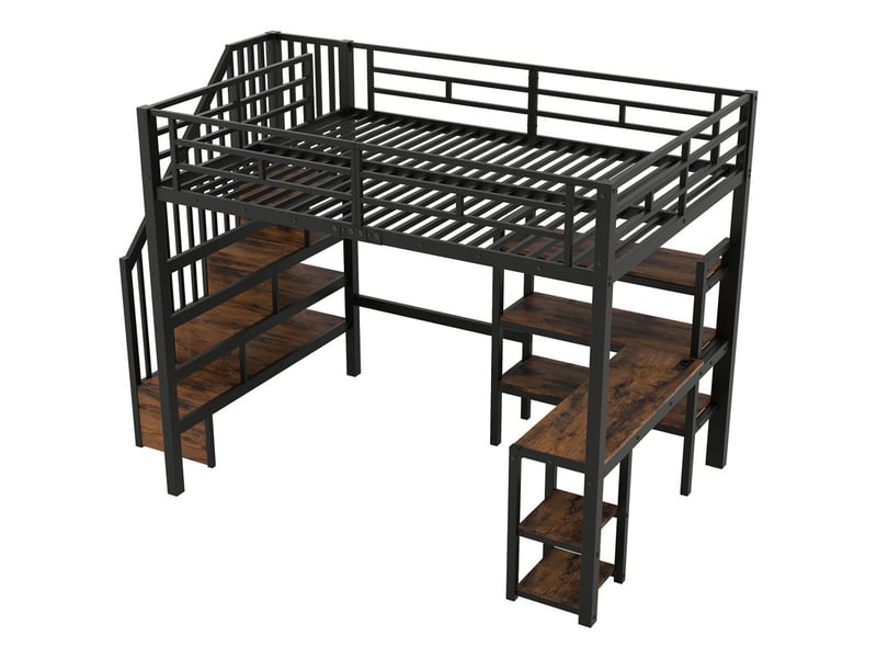 Lit mezzanine en métal 140x200 cm - avec bureau et échelle de rangement - port usb et éclairage led - noir (sanas matelas)  - Conforama W