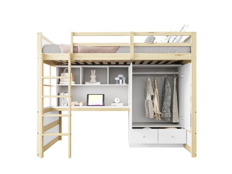 Lit mezzanine enfant 90 x 200 cm avec bureau, armoire et tiroirs, blanc et bois - Conforama A
