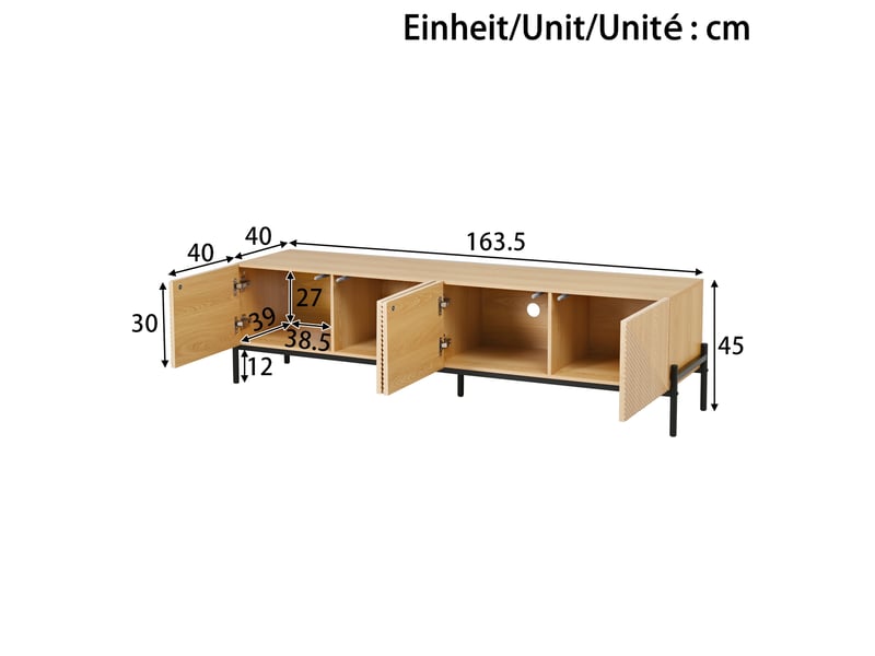  Meuble tv 163,5x40x45 cm, 4 portes, push-to-open, façades texturées, grand rangement, lowboard moderne pour salon - naturel  - Conforama C