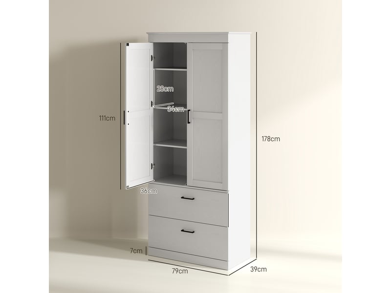  Buffet de cuisine avec placard 2 tiroirs et étagères réglables crème 75 x 39 x 178 cm  - Conforama C