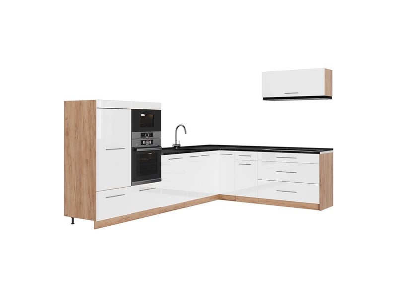  Vicco cuisine en angle, blanc haute brillancechêne de force doré, 327x60cm, pt anthracite  - Conforama A