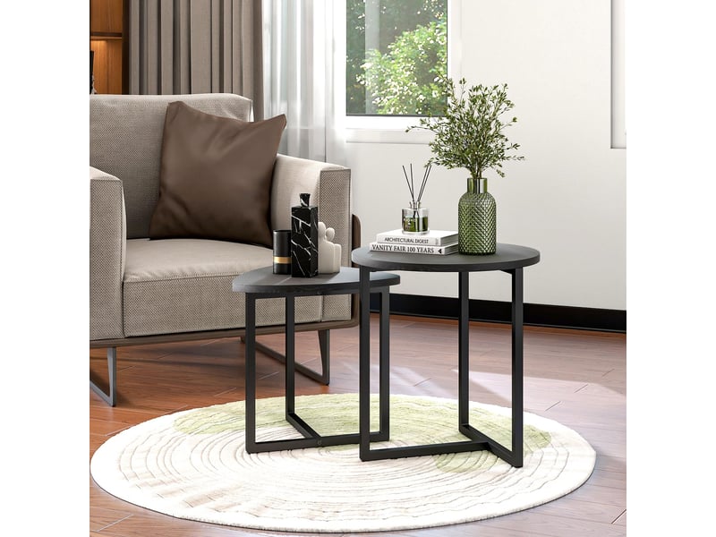  Tables basses gigognes avec 2 plateaux et structure emboîtable, style industriel, en panneau et métal noir, pour salon  - Conforama E