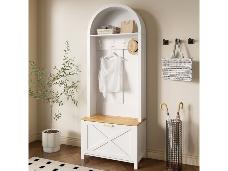  Porte-manteau d'entrée multifonction avec rack à chaussures et crochets – mdf durable, pieds en fer, design moderne  - Conforama E