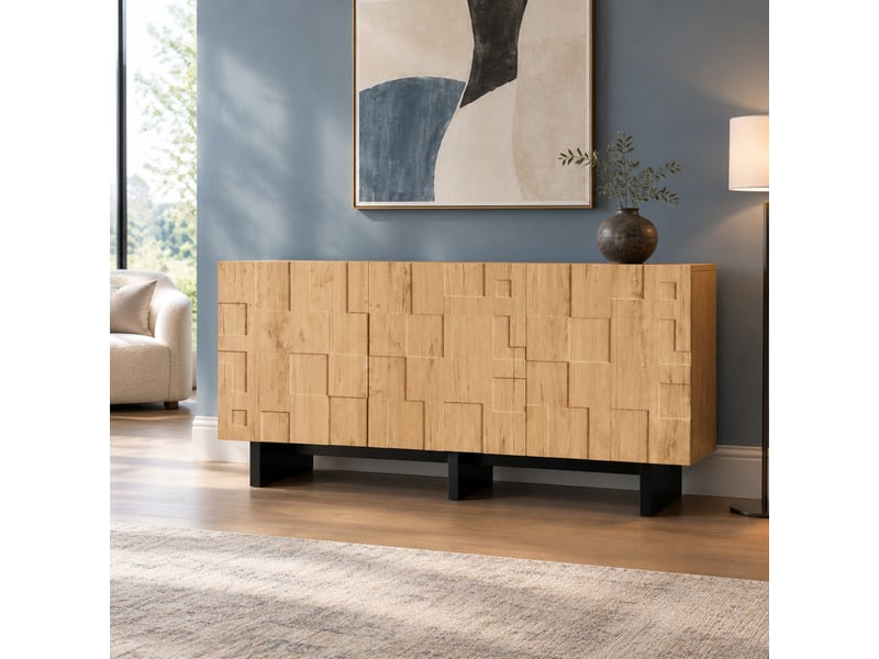  Buffet de rangement 3 portes push-to-open - lpospi - 5 compartiments, portes gaufrées mdf naturel 140 × 40 × 70 cm  - Conforama B