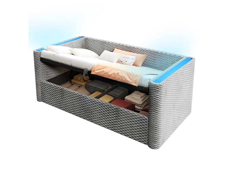  Lit simple 90x200 cm avec rangement hydraulique et led multicolore en velours et mdf gris  - Conforama A