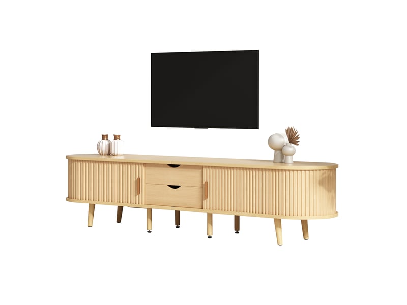 Ensemble meuble tv avec 2 tiroirs et 2 portes coulissantes et table basse ovale avec rangement, en mdf, ton noyer clair  - Conforama A