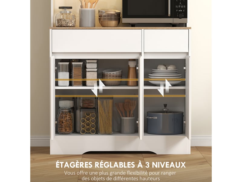 Buffet cuisine meuble cuisine rangement haut avec lumière led rgb, plan de travail, 2 tiroirs, 6 portes, blanc - Conforama R