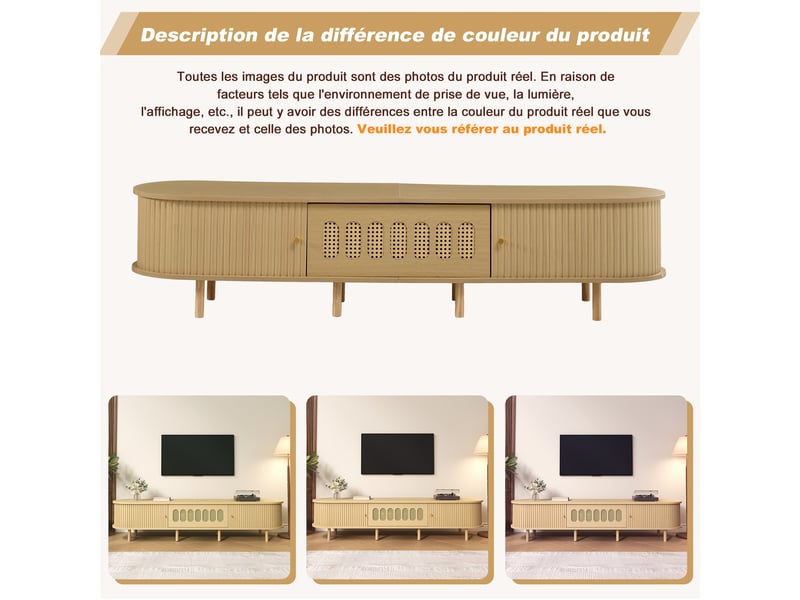  Meuble tv, pour télévision jusqu'à 75 pouces, longueur 180 cm, style rustique, rotin, couleur bois clair  - Conforama E