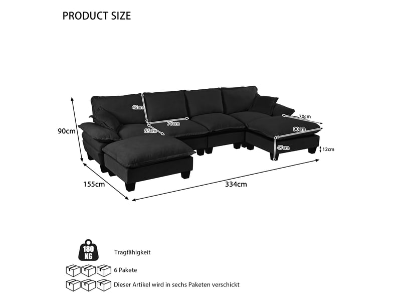  Canapé d'angle, canapé modulable, 6 places, en tissu chenille, noir, mobilier pour espace de vie, pour salon et séjour  - Conforama R