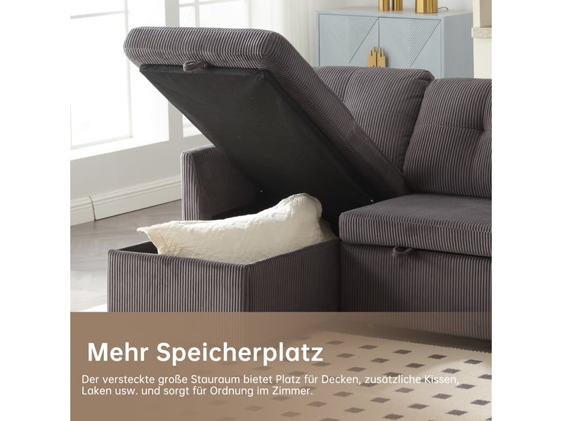  Canapé d'angle convertible réversible en velours côtelé gris foncé 206x108x66 cm avec rangement, salon séjour 206x108x66cm - Conforama R