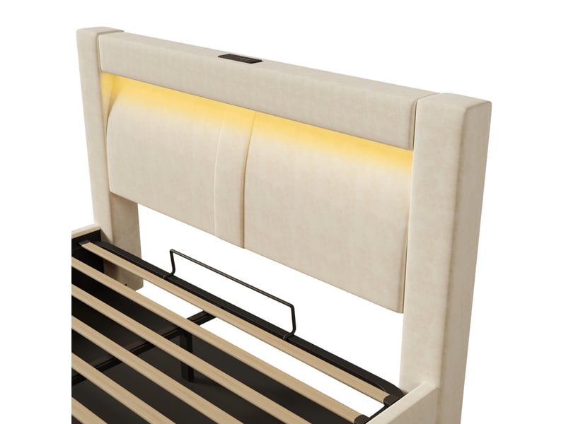  Lit coffre 160x200 cm beige en velours, rangement hydraulique, led, usb-c et matelas inclus  - Conforama E