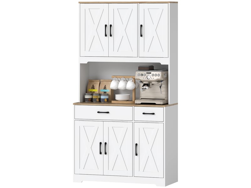  Buffet de cuisine avec 6 portes plan de travail pour micro-ondes 2 tiroirs étagères réglables et passe-câble blanc  - Conforama D