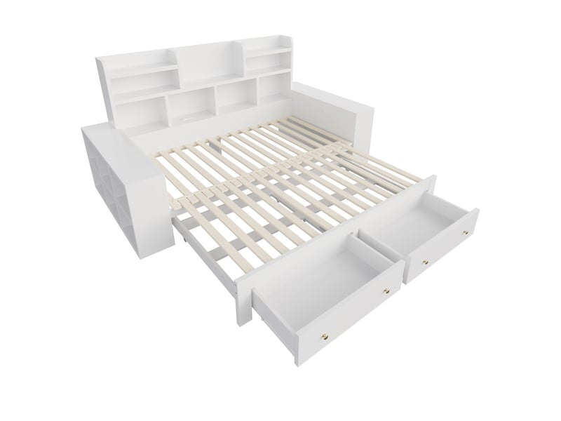 Canapé-lit extensible en bois, 90 × 200 cm, avec compartiments, étagères et tiroirs, prise électrique et éclairage led, blanc - Conforama E
