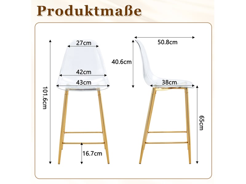  Tabouret de bar lot de 2 avec dossier et repose-pieds, en plastique transparent et métal doré, 51 × 45 × 102 cm  - Conforama C