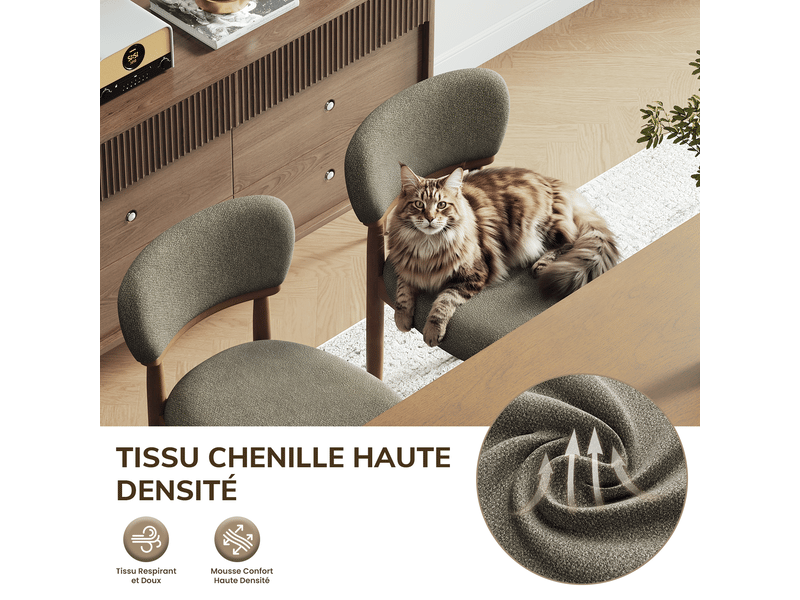 Lot de 4 chaises de salle à manger rembourrées, dossier ergonomique, tissu texturé respirant, structure en bois massif, style moderne, marron - Conforama E