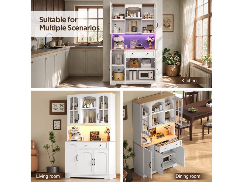  Buffet de cuisine haut led avec portes vitrées, tiroir et étagères réglables, pour cuisine, blanc, 100 × 38 × 178 cm  - Conforama E