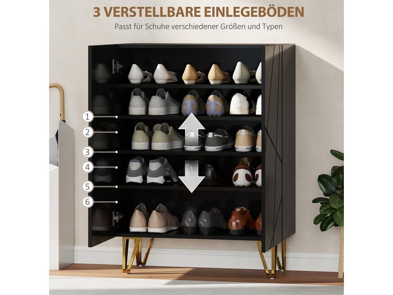  Meuble à chaussures à 2 portes, étagère à chaussures, rangement pour chaussures avec 3 étagères réglables, 72 x 31,5 x 95 cm, noir  - Conforama E