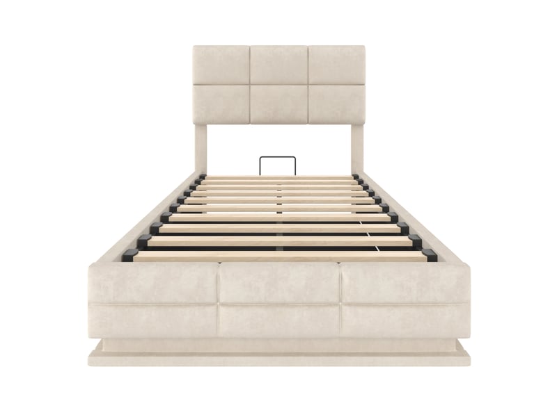 Lit coffre 90x200 cm, lit enfant avec prise usb, led et tête de lit réglable, en velours, beige, sans matelas - Conforama A