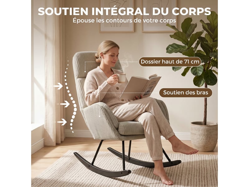  Fauteuil à bascule en velours côtelé avec dossier haut beige 94x67,5x106 cm  - Conforama E