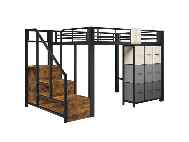  Lit mezzanine métal 140x200 cm noir avec tiroirs, penderie et escalier rangement  - Conforama E