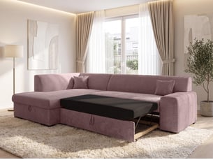 Canapé d'angle gauche convertible <strong>AX LIVING </strong> <strong>Lucera</strong> 5 places Velours côtelé rose avec coffre de rangement
