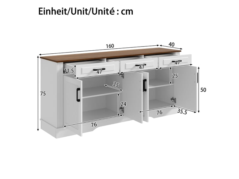  Buffet 4 portes et 3 tiroirs avec rangement pour salle à manger en mdf 160×40×75 cm blanc  - Conforama E