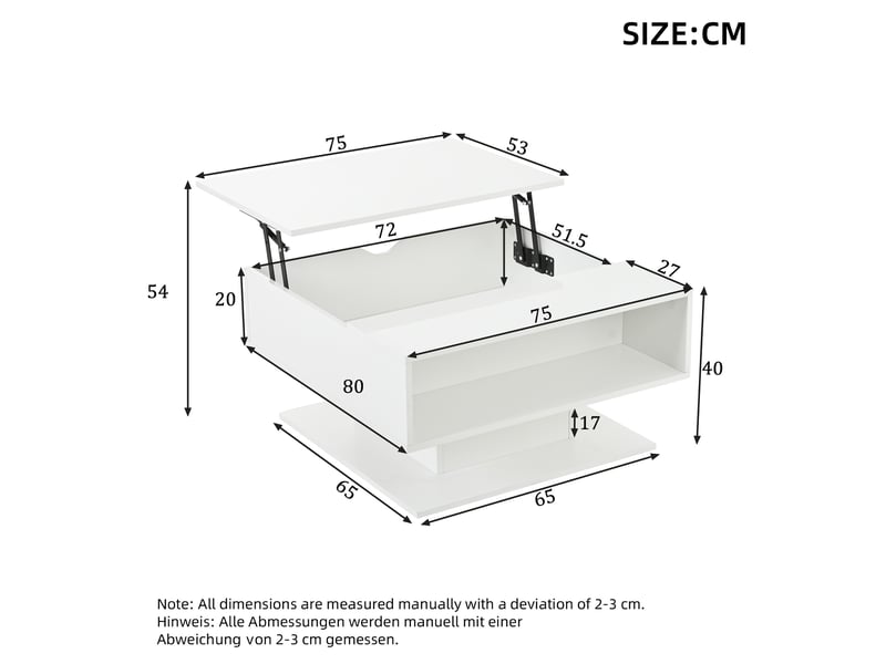  Table basse relevable avec rangement caché et niche semi-ouverte, led, pour salon, blanc, 80 × 75 × 40 cm  - Conforama D