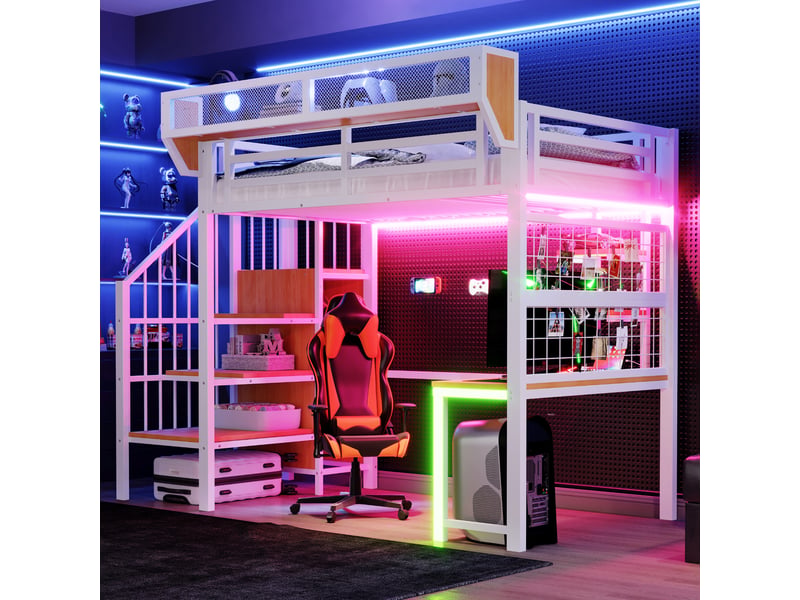 Lit mezzanine enfant 90x200 cm avec led et bureau, étagère et filet de rangement, échelle, métal+mdf, blanc sans matelas - Conforama B