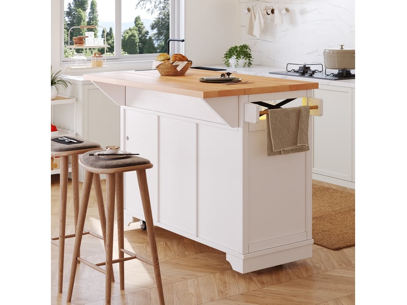 Desserte de cuisine mobile 120 x 71 x 98 cm blanche en mdf, 3 tiroirs, plateau rabattable et led connectée - Conforama B
