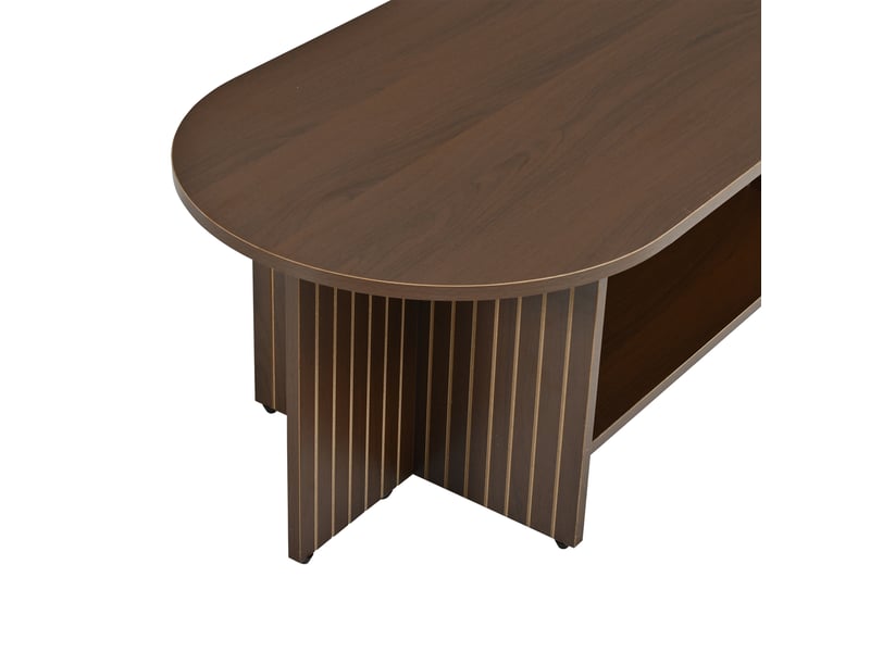  Table basse ovale 100x49x35 cm finition noyer, étagère basse et design rainuré Fay Lum - Conforama E