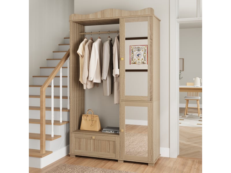  Rayofi armoire moderne 2 portes avec miroir, penderie ouverte et tiroir - mdf, 194,5 x 115,5 x 38,5 cm.  - Conforama E