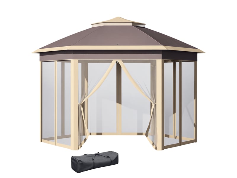  Gazebo de jardin hexagonal 4,05 x 3,4 x 2,85 m avec double toit, 6 moustiquaires amovibles, sac de rangement et traitement anti-uv beige  - Conforama A