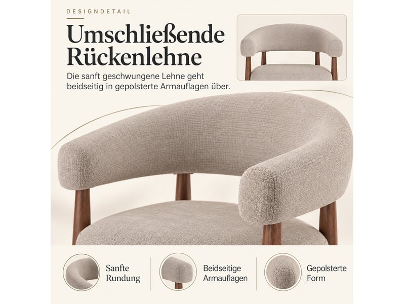  Lot de 2 chaises de salle à manger 60x59x75 cm, accoudoirs, dossier courbé, métal aspect noyer, chenille taupe  - Conforama D