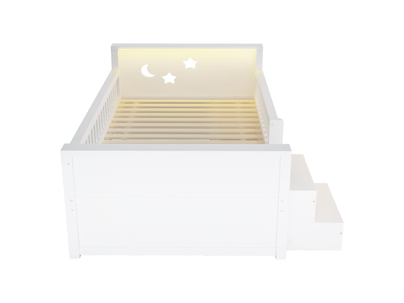  Lit simple enfant 90x200 cm - 4 tiroirs et rangement - tête de lit led avec motifs étoiles et lune - barrières et marchepied - blanc  - Conforama W