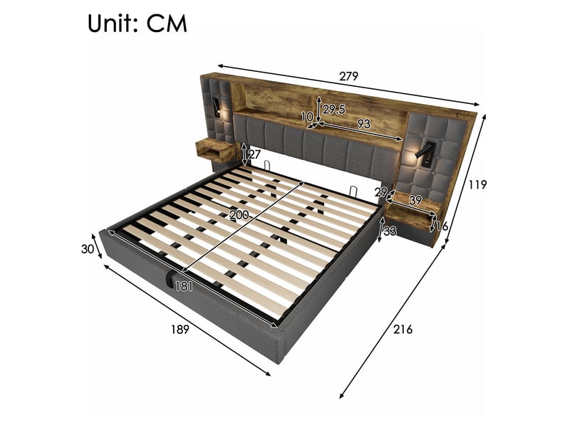  Lit coffre 180x200 capitonné gris avec tables de chevet intégrées et liseuses  - Conforama C
