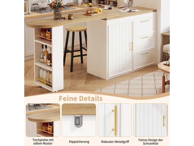  Bahut de cuisine pivotante à 360°, étagères réglables et système anti-basculement, 3 tiroirs et rangement latéral  - Conforama D