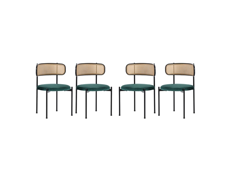  Chaise de salle à manger lot de 4 avec dossier en rotin et pieds métalliques, en velours, vert  - Conforama D