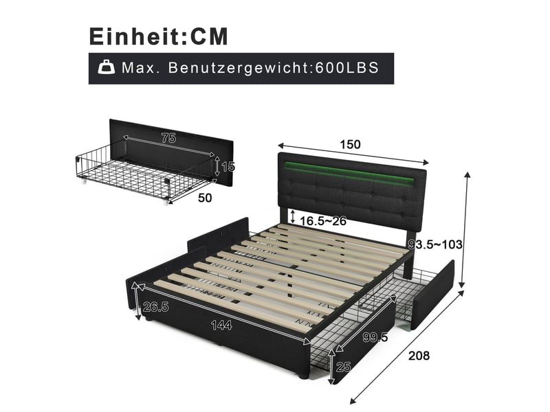 Lit rembourré tcqpz 140 x 200 cm avec matelas led 4 tiroirs tête de lit réglable noir  - Conforama C