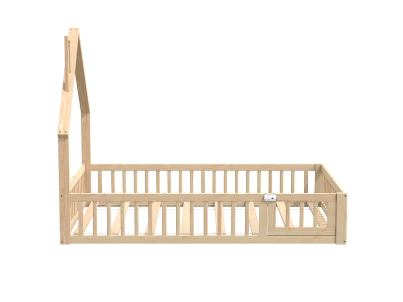  Lit cabane enfant 140x190 cm en pin naturel, forme maison, avec sommier, style minimaliste  - Conforama E