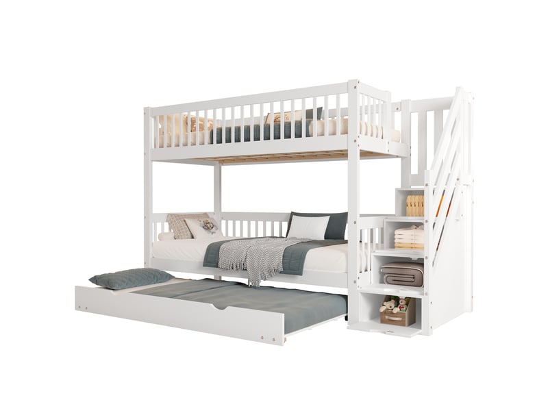  Lit superposé 90x200 cm, lit gigogne avec escalier de rangement, barrière de sécurité, en bois de pin et mdf gain de place, blanc  - Conforama A