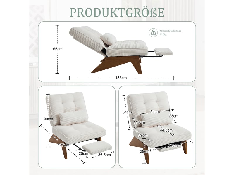 Fauteuil lounge réglable en velours côtelé beige avec repose-pieds et coussin lombaire  - Conforama C