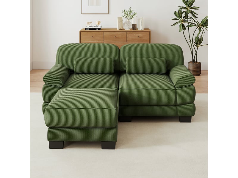 Canapé d'angle modulable 2 places en velours côtelé vert, avec pouf, assise profonde, coussin lombaire, 194×161×94 cm - Conforama B