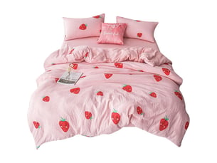 Drap-housse - taie d'oreiller - housse de couette - 150x210 cm - polyester - imprimé fraise - pour lit 1,50 m - lot de 3 pièces