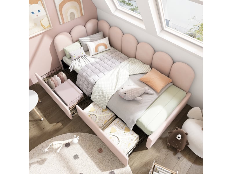  Lit avec tiroirs en velours rose 94x199 cm  - Conforama D