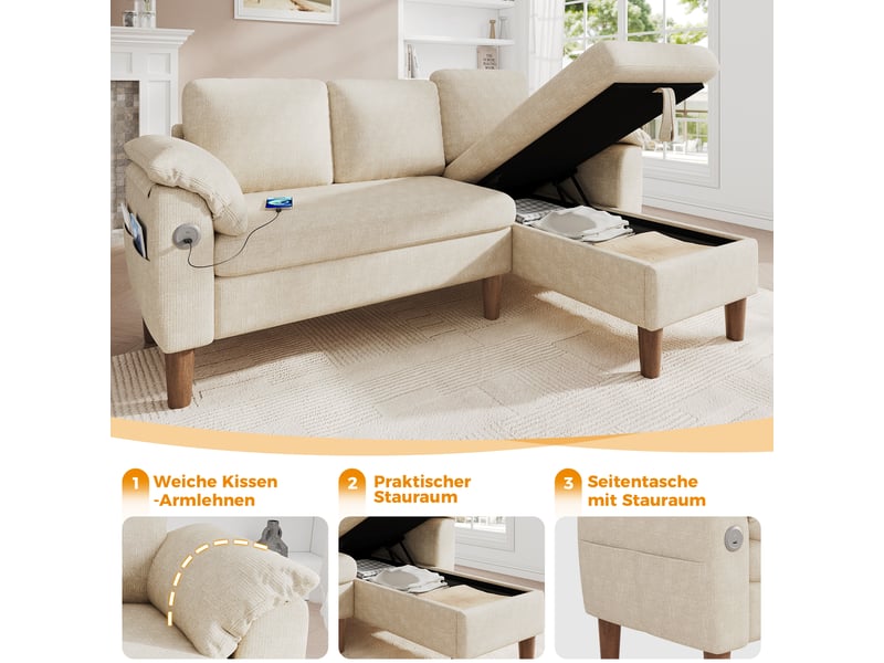  Canapé d'angle réversible 3 places avec coffre, tissu chenille beige, ports usbtype-c  - Conforama C