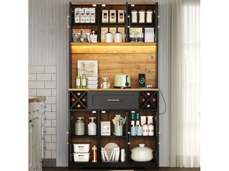  Buffet de cuisine 105x40x180 cm avec led et porte-bouteilles noir et bois naturel  - Conforama E