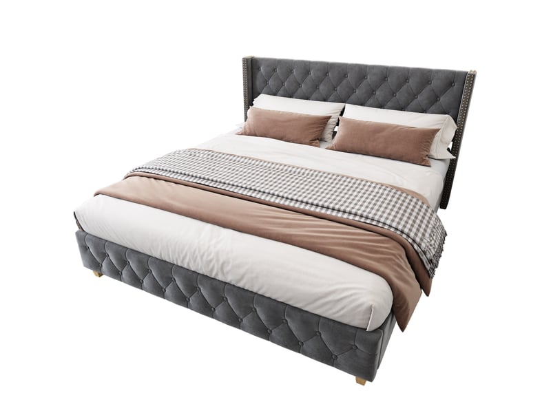 Lit capitonné 180x200 velours gris avec sommier à lattes et tête de lit  - Conforama E