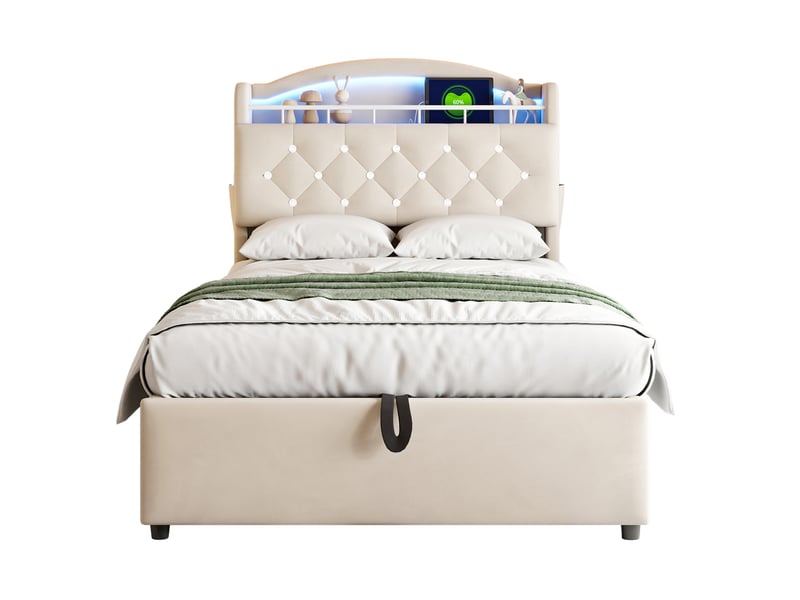 Lit coffre enfant tcqpz 90 x 200 cm en velours avec rangement, led, usb et prise type-c beige  - Conforama A